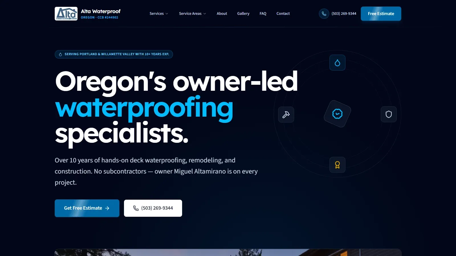 Plataforma web técnica y cotizador de impermeabilización para Alta Waterproof Decks en Portland, Oregon