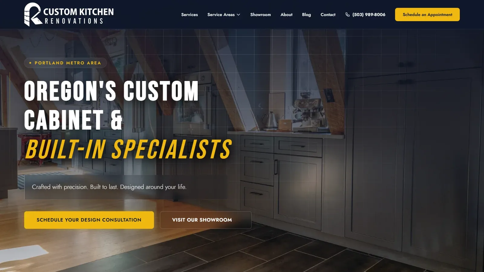 Diseño web corporativo y catálogo de gabinetes a medida para Custom Kitchen Renovations en Beaverton y Portland