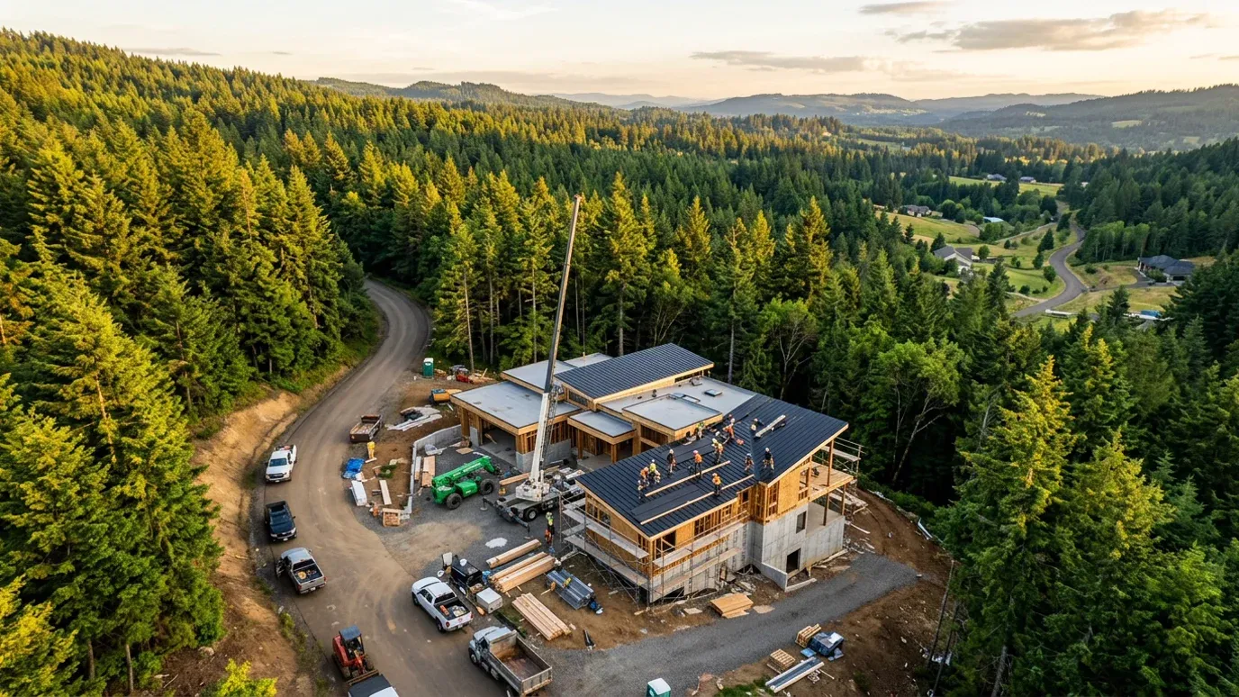 Inspección visual aérea con drones 4K en obra de construcción en Oregon