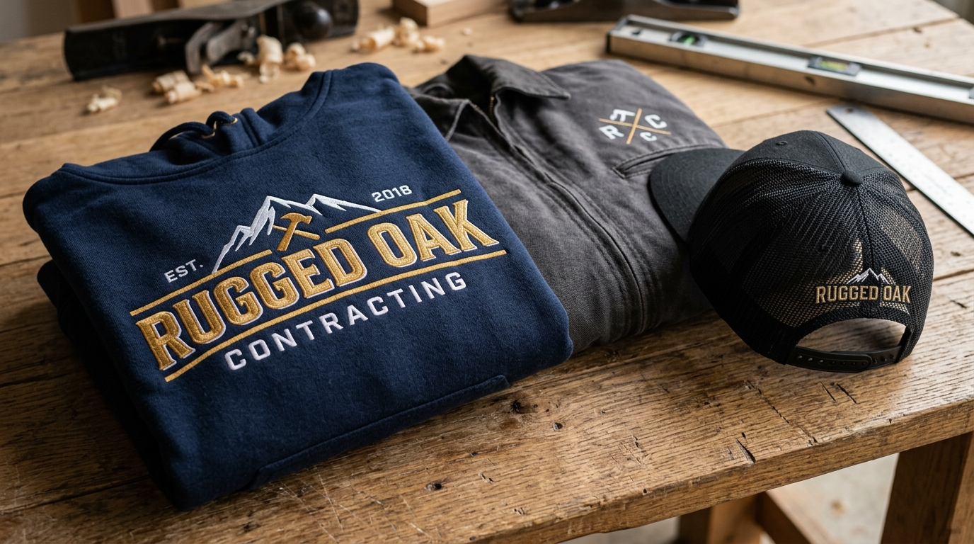 Muestrario de sudadera de trabajo y gorra bordada para contratistas